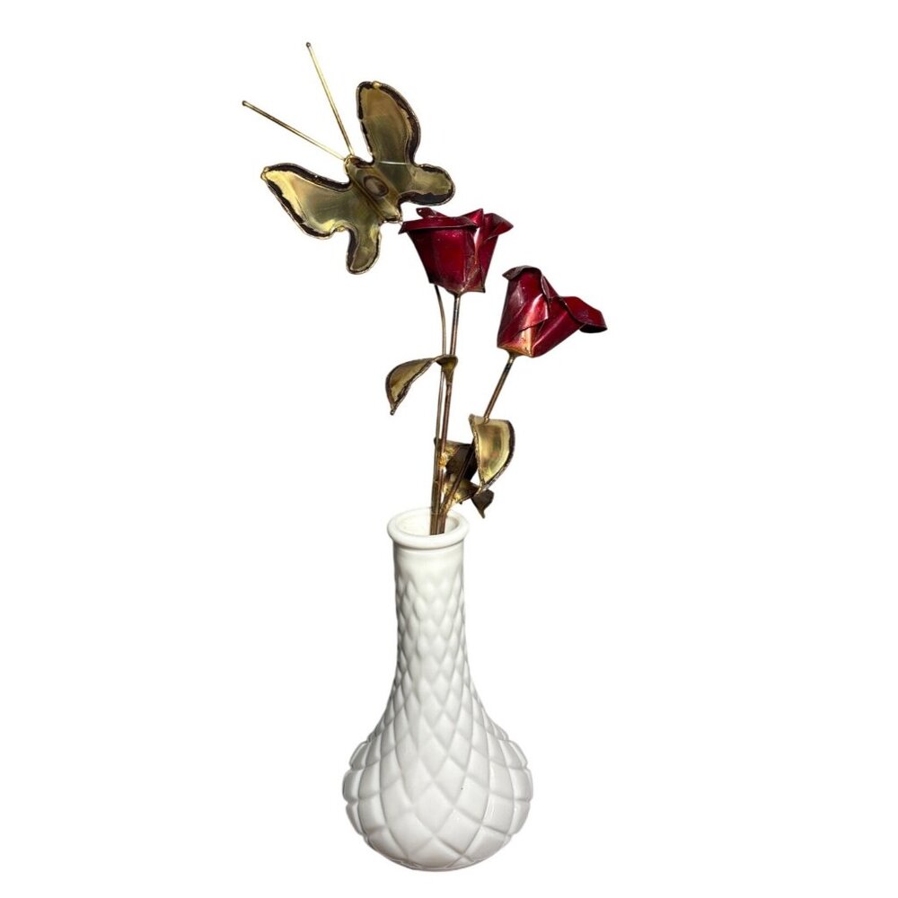 Vintage Metal Red Rose & Butterfly Sculpture In White Diamond Pattern Vase